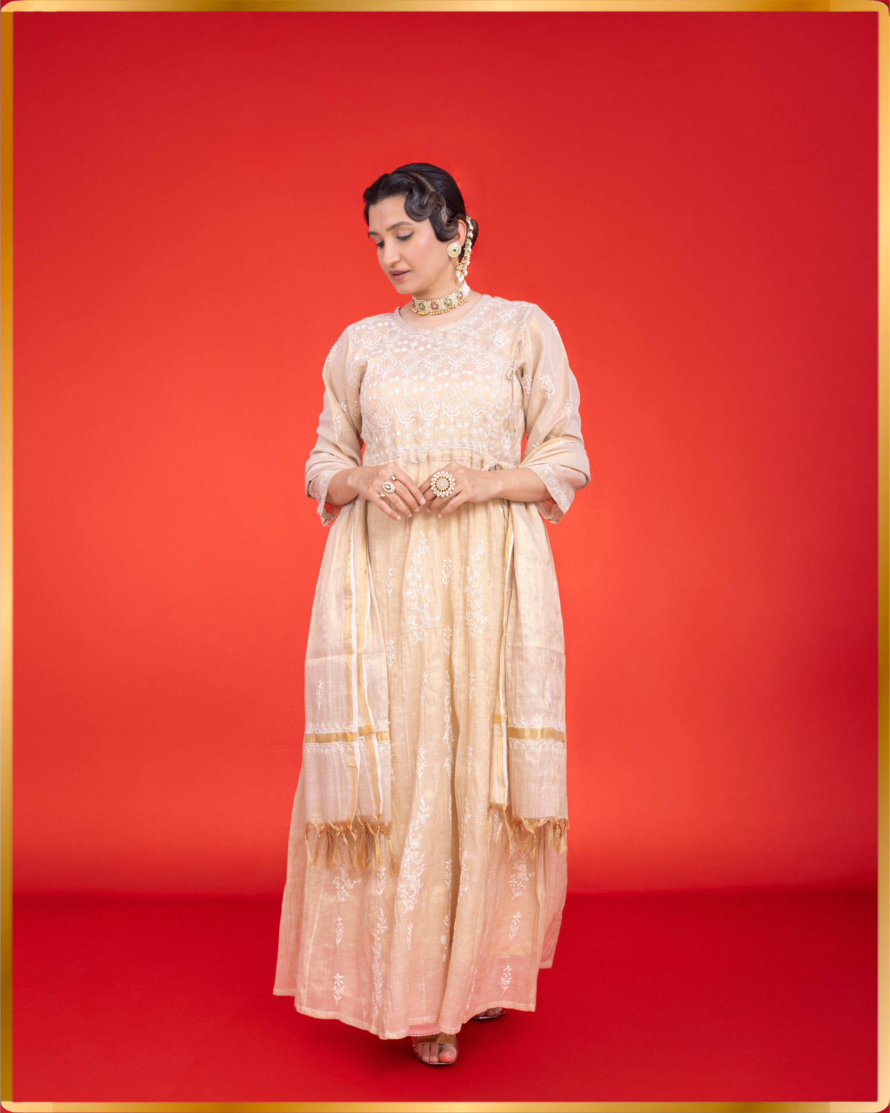 GOLD TISSUE ANGARKHA WITH DUPATTA
