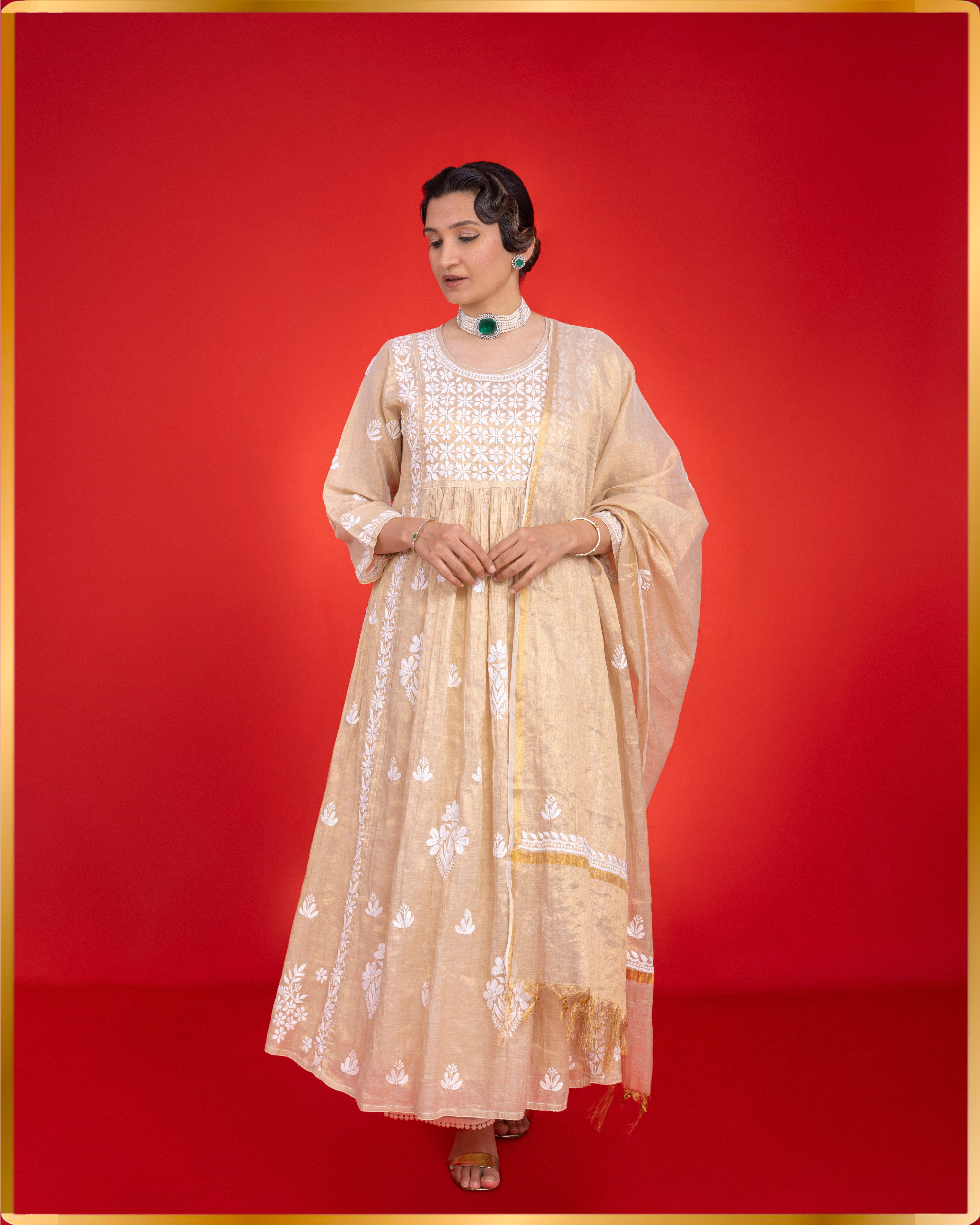 GOLD TISSUE DRESS WITH DUPATTA Lucknowi Crafts GOLD TISSUE DRESS WITH DUPATTA Lucknowi Crafts
