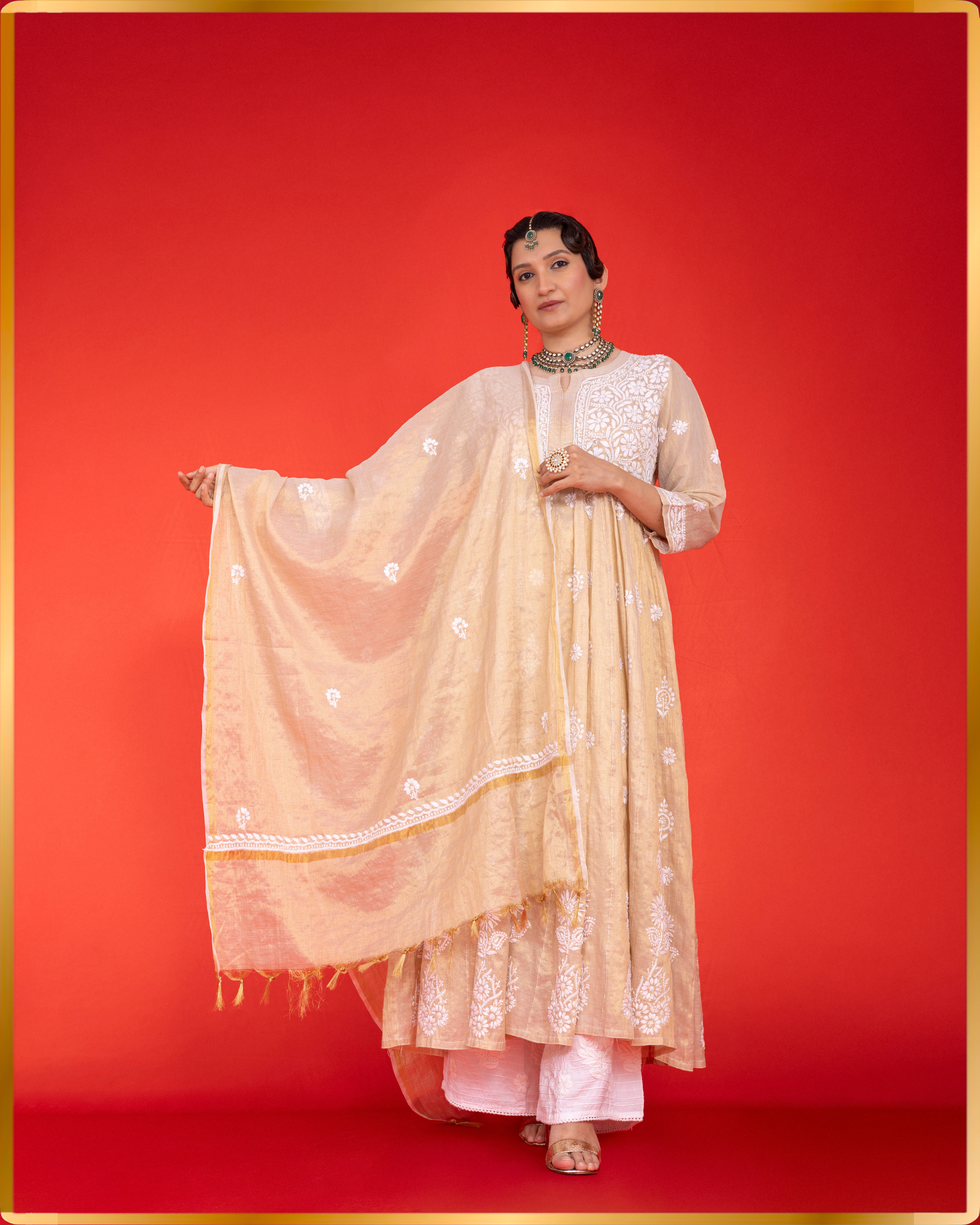 GOLD TISSUE ANARKALI WITH DUPATTA