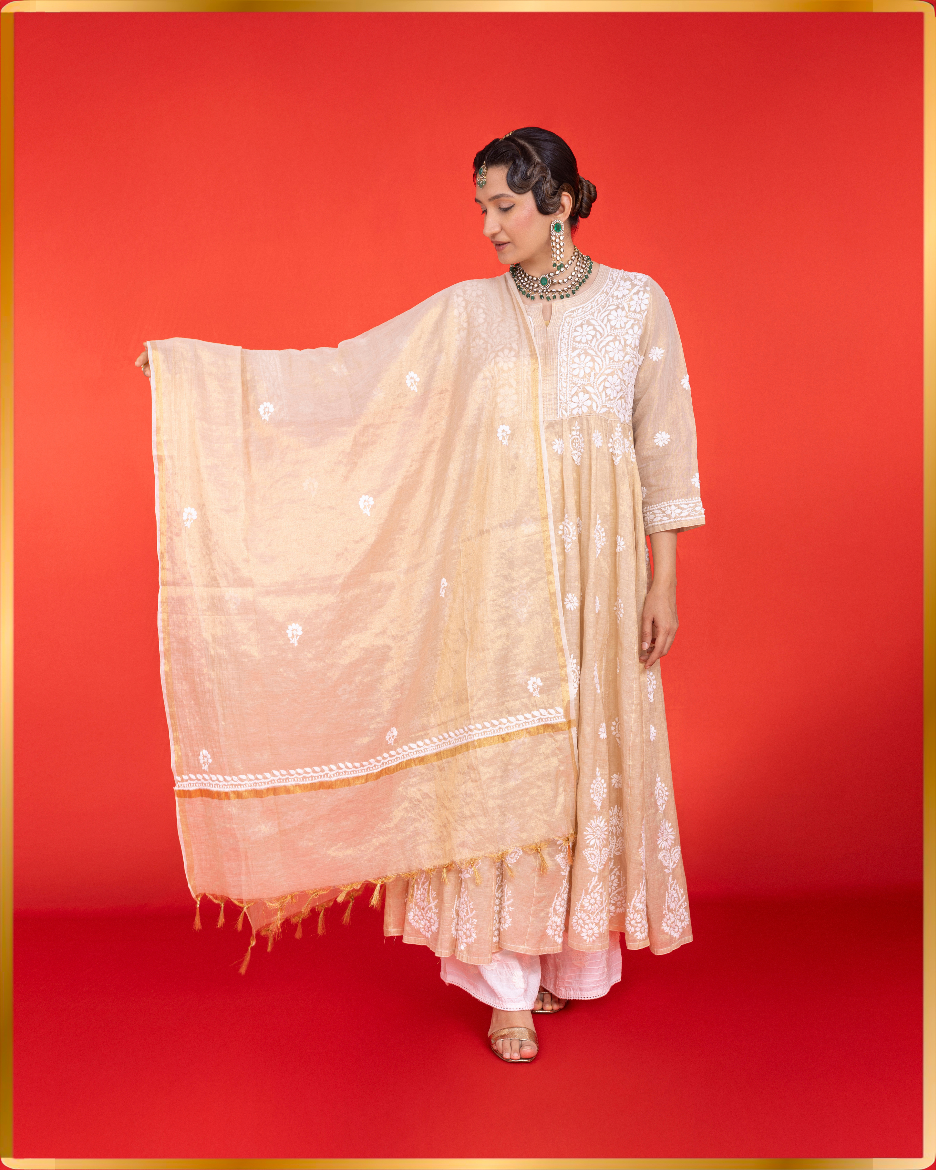 GOLD TISSUE ANARKALI WITH DUPATTA
