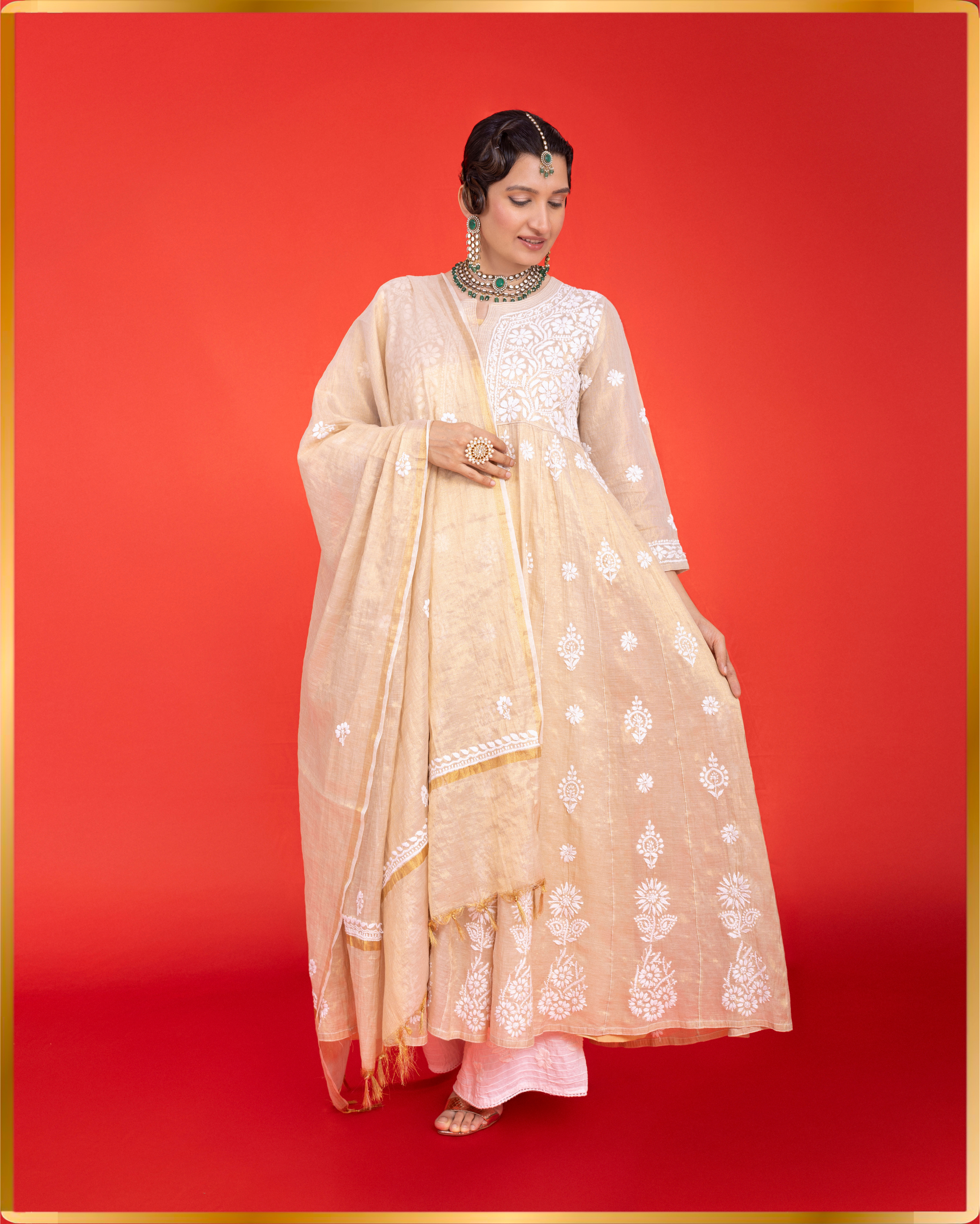 GOLD TISSUE ANARKALI WITH DUPATTA